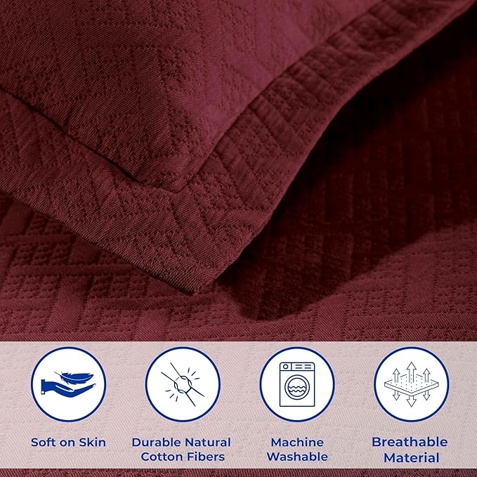 Superior 2 Piece Basketweave Cotton Bedspread Set, Home Bed Decor, Decorative Bed Spread, 1 Pillow Sham, Medium Weight Blanket, Matelasse Coverlet Bedding, Geometric Lattice Pattern, Twin, Garnet