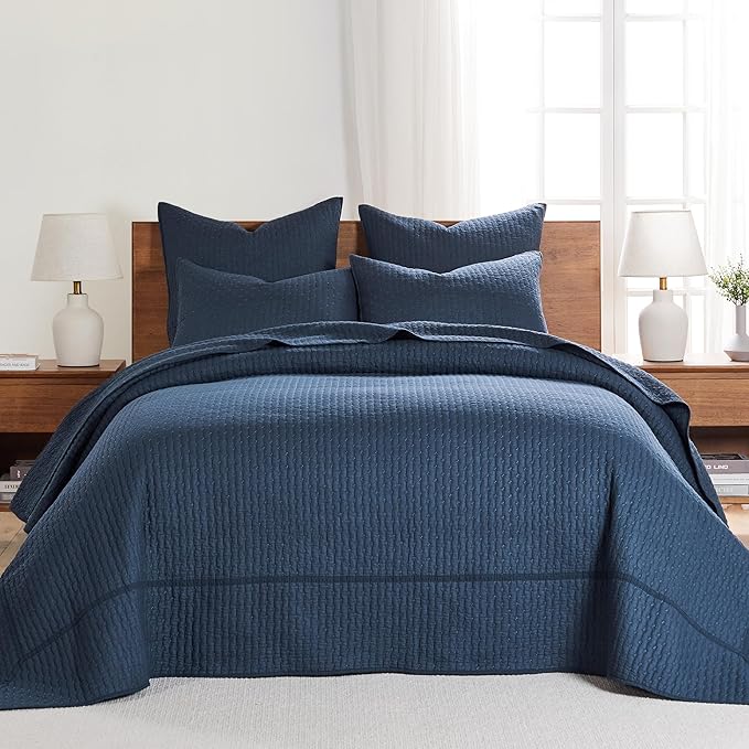 Levtex Home Cross Stitch Reversible King Bedspread Set (120x104in) with 2 Pillow Shams (36x20in) - Stitch Texture - Navy - Cotton King Size Bedspread Set - Soft, Pre-Washed