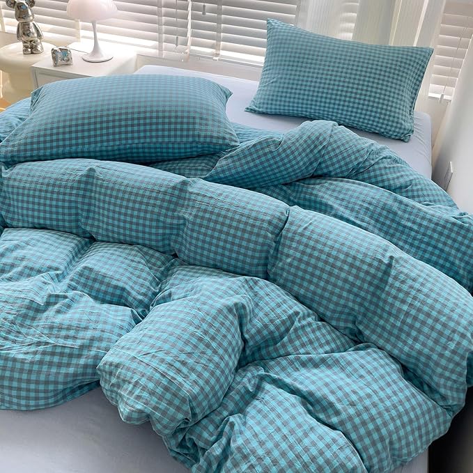 LifeTB Blue Gingham Comforter Set Full Modern Style Blue Grey Plaid Grid Comforter 3 Pieces Farmhouse Checkered Pattern Comforter with 2 Pillowcases Soft Fluffy Gingham Bedding Set Breathable