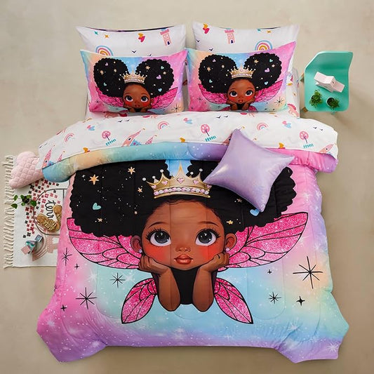 A Nice Night Black Girl Princess with Wings Comforter Set,Pink Gradient Glitter Rainbow Galaxy 6pcs Kids Bedding Set,Queen