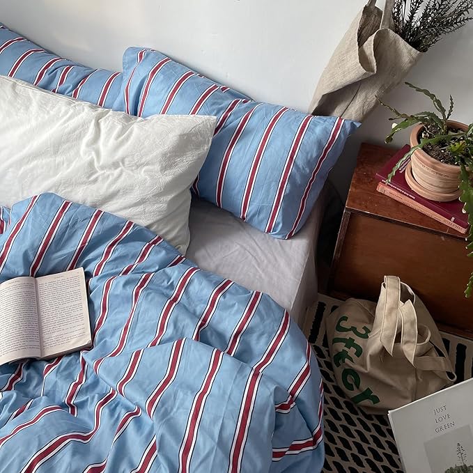 mixinni Vintage Striped Blue Duvet Cover Twin - 100% Cotton Red Stripes 3-Piece Bedding Duvet Cover Set with Zipper Closure, Soft & Breathable Retro Design for All Seasons (Twin Size)