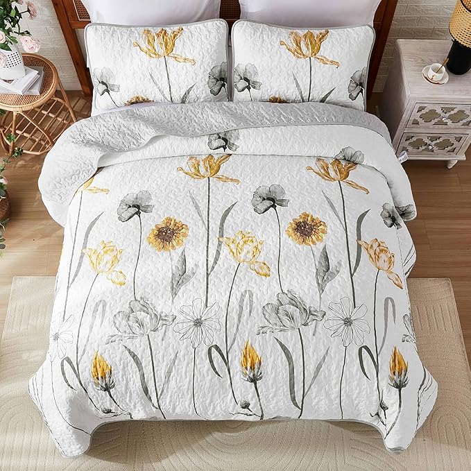 WONGS BEDDING Floral Quilt Set Queen,Grey and Yellow Bedspread Coverlet Bedding Set with 2 Pillowcase,Lightweight Summer Floral Bedding Set for All Season (96"x90")