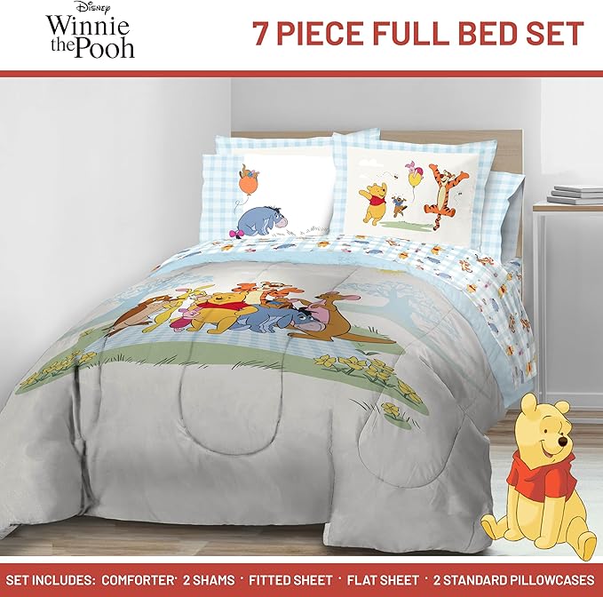 Jay Franco Kids Comforter Set Includes Sheets and Pillow Covers - Soft and Cozy Bed Set for Stylish Room Decor, Official Licensed Bedding, White - Winnie The Pooh, 7 Piece Full