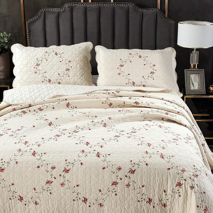 vctops 3-Piece Floral Embroidered Bedspread Coverlet Set Oversize Queen 100% Cotton Reversible Patchwork 1 Quilt and 2 Pillow Shams (Flower,Oversize Queen)