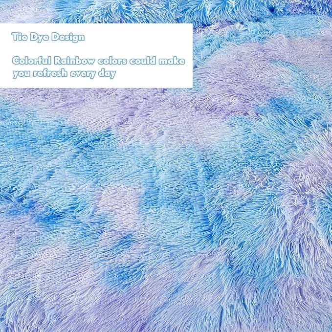 PERFEMET 3 Pcs Blue Plush Shaggy Comforter Queen Size Tie Dye Long Faux Fur Rainbow Bedding Set for Girls Ultra Soft Warm Fluffy Furry Bed Sets(Blue, Queen)