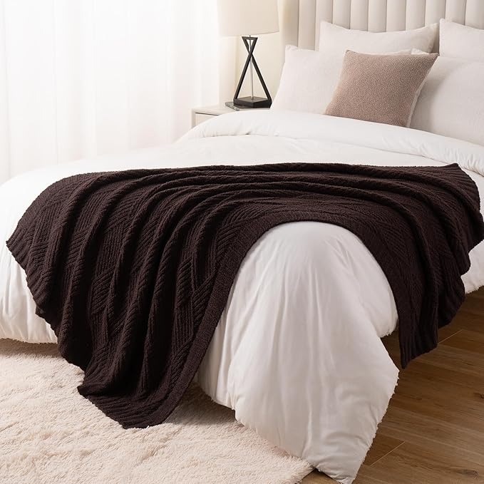 Battilo Brown Diamond Knit Throw Blanket for Couch and Bed, Soft Textured Chenille Blanket, Cozy Lightweight Decorative Blanket for Sofa, 50"x60"