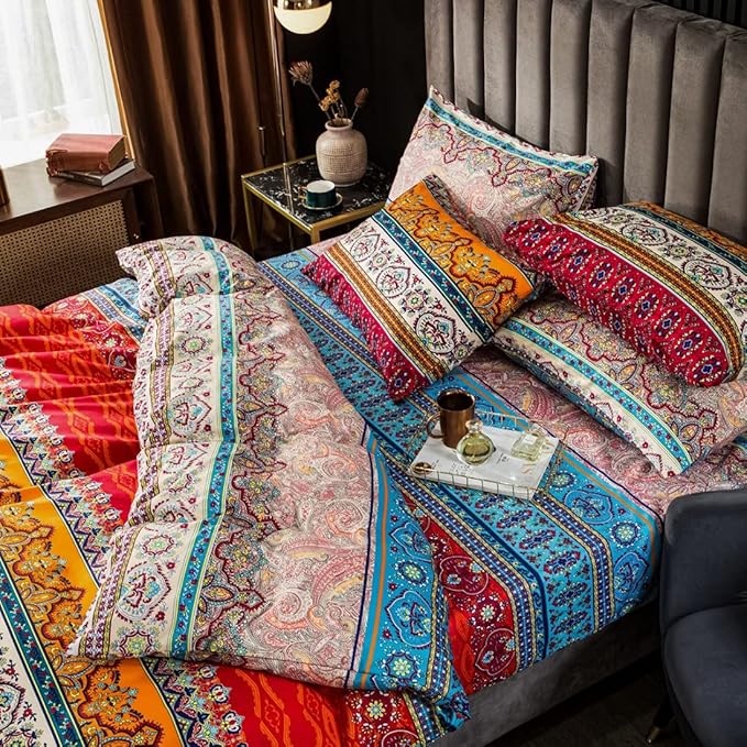 Bohemian Duvet Cover Set King Size Colorful Floral Boho Striped Bedding Set Soft Microfiber Double Duvet Cover Southwestern Indian Tribal Reversible Bedding Exotic Style Decor Boho Comforter Cover