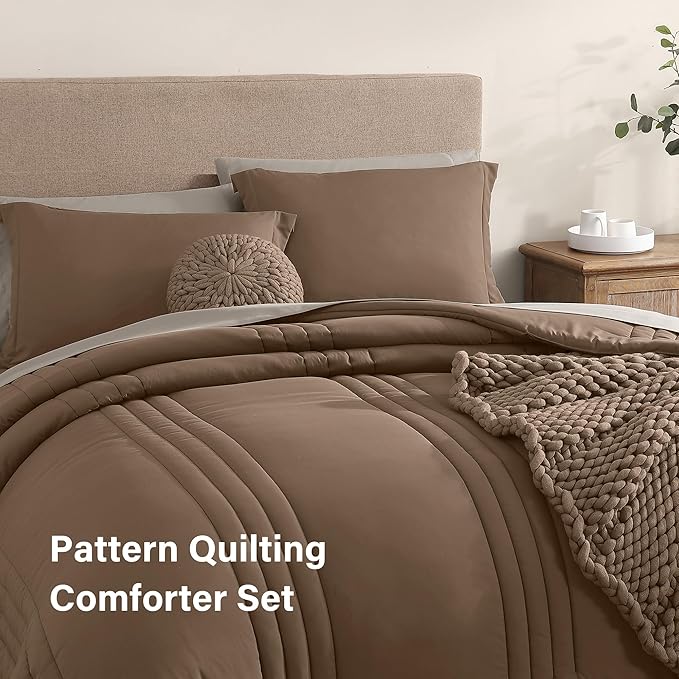 Monbix Oversized Queen Comforter Set - 7 Pieces Brown Bed in a Bag Oversized Queen Bedding Sets with Comforters, All Seasons Comforter Bed Set with Sheets, Pillowcases & Shams