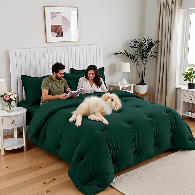 Oversized Queen Comforter Set 7 Piece - Soft Bed in a Bag Queen Size Comforter Sets, Cozy Bedding Sets with All Season Comforter, Flat Sheet, Fitted Sheet,2 Pillowcases & 2 Shams, Dark Green
