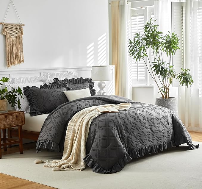 Tufted Grids Ruffle Comforter Set Full/Queen Size, 3 Pieces Dark Grey Vintage Farmhouse Shabby Chic Comforters, Jacquard Boho Bohemian Bedding Set for All Season (1 Ruffled Comforter+ 2 Pillow Shams)