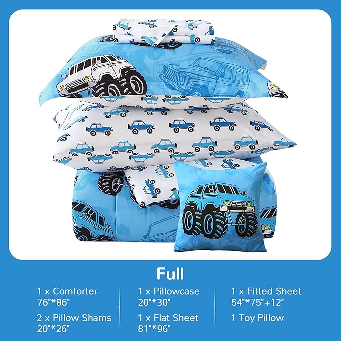 Mooreeke Kids Full Comforter Sets for Boys 8 Pieces Truck Blue Bedding Set for Teens Soft Microfiber Kids Bed in A Bag with Comforter, Sheet Set, Shams and Decorative Toy Pillow All Season