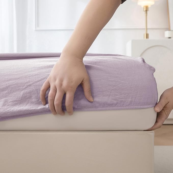 JIYUAN 100% Washed Cotton Sheet Set 4 Pieces Full,1 Fitted Sheet,1 Flat Sheet and 2 Pillowcases,Comfy and Breathable Linen Like Bedding Set,Heathered Light Purple