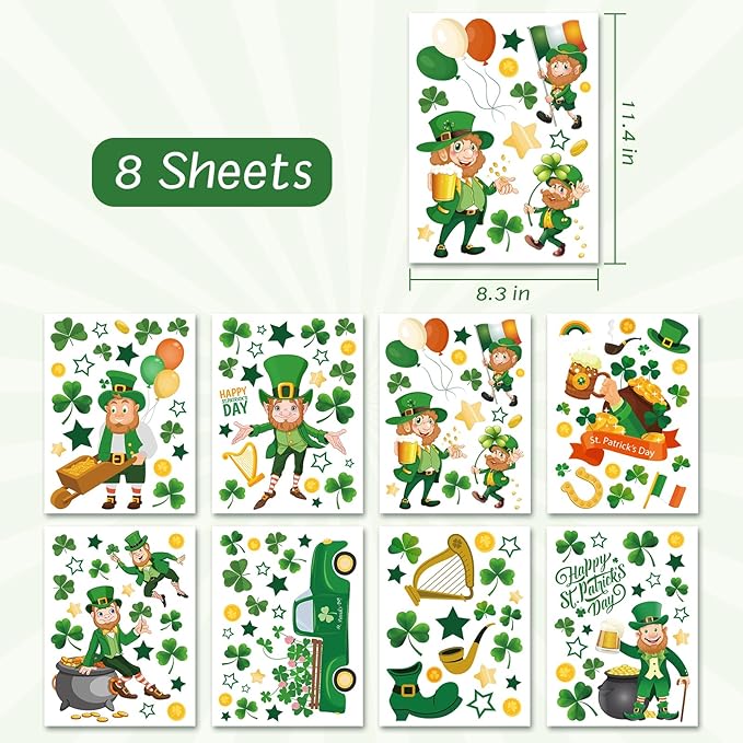 St Patricks Day Window Clings, Large Leprechaun Style Reusable Static Window Stickers for St Patricks Day Decorations