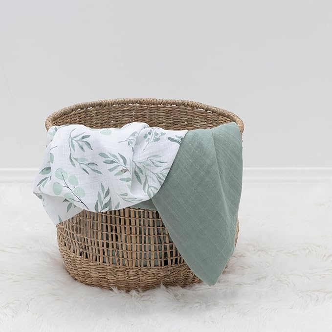 Organic Baby Muslin Swaddle Blankets for Boy or Girl - Eucalyptus Leaves and Sage Swaddling Blanket 2 Pack - Soft Muslin, XLarge and Breathable, Boho Baby, 47" X 47"