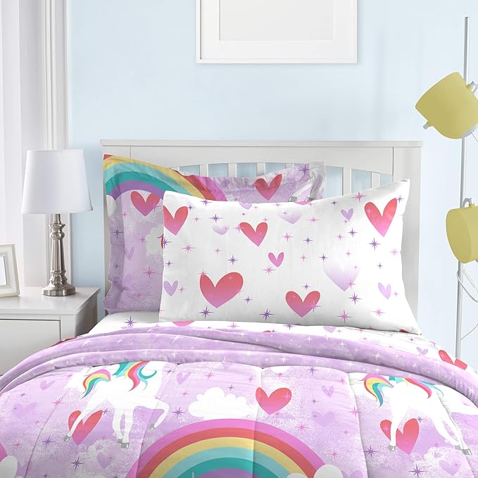 dream FACTORY Kids 7-Piece Complete Set Easy-Wash Super Soft Microfiber Comforter Bedding, Full, Purple Unicorn Rainbow