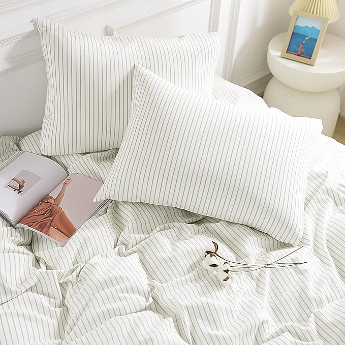 NEXHOME PRO Striped Duvet Cover King Size,100% Washed Cotton Bedding Set,Textured Linen Feel,Breathable,Organic,3 Piece(Green Stripes 104x90)