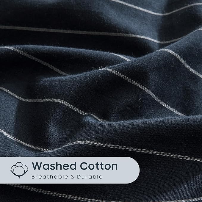 Wake In Cloud - Striped Cotton Duvet Cover Set, Ticking Stripe Vertical Pinstripe Farmhouse, 100% Washed Cotton Textured Percale Bedding Set, 3 Pieces, Navy Blue, Full Size
