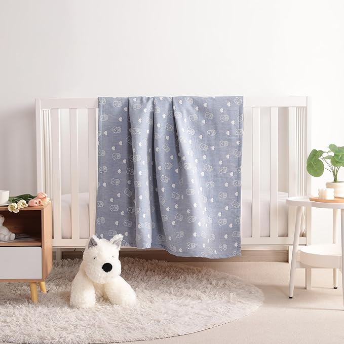 NTBAY 3 Layer Muslin Cotton Toddler Blanket, Jacquard Reversible Nursery Bed Blanket, Super Soft and Thermal for All Seasons, Decoration Gift, 30"x40", Blue Rabbit