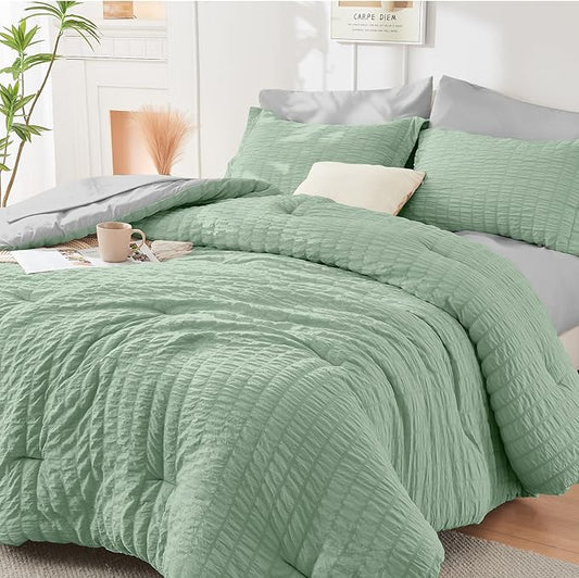 HYMOKEGE Sage Green/Light Grey Full Size Comforter Sets Seersucker 7 Pieces, All Season Luxury Bed in a Bag for Bedroom, Bedding Set with Comforter, Sheets, Pillowcases & Shams