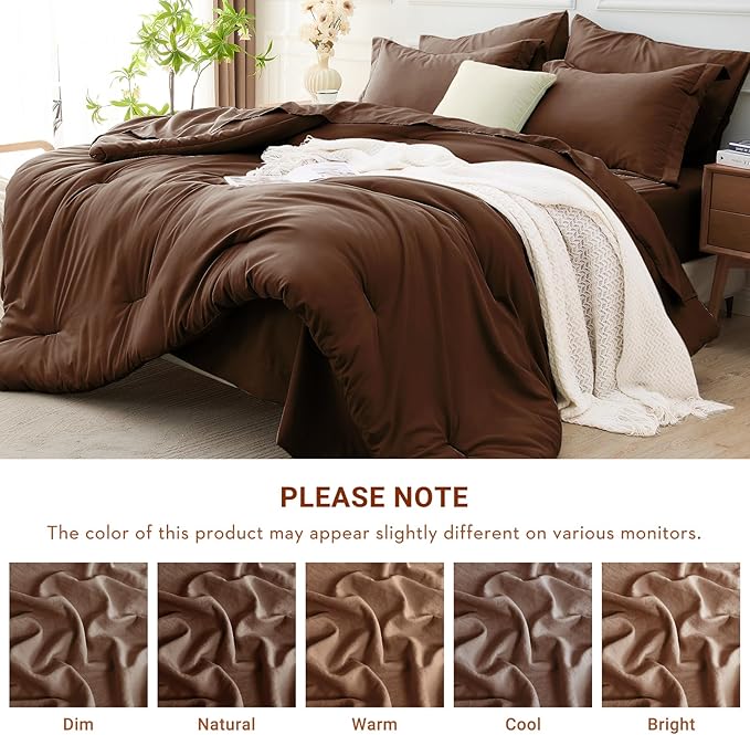 MUXHOMO 7 Pieces Full Comforter Set, Soft Bed in a Bag Full Size, All Season Bedding Set with Comforter, Flat Sheet, Fitted Sheet, Pillowcases & Shams, Brown