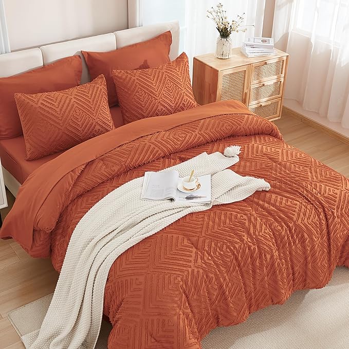 Andency Queen Comforter Set Burnt Orange - 7 Pieces Bed in a Bag Queen Boho Terracotta Bedding Comforter Sets, Rust Tufted Bed Set with Comforter, Sheets, Pillowcases & Shams