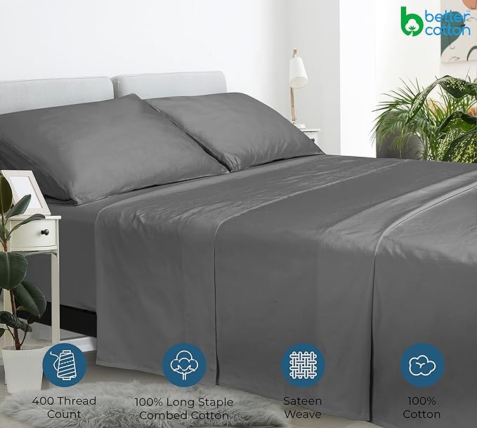Royale Linen 400 Thread Count 100% American Grown Cotton Flat Sheet - Cooling Sheets - Full Sheets - Luxury Sateen Weave - Full Flat Sheet Sold Separately - Grey Flat Sheet Only (Full, Spanish Slate)