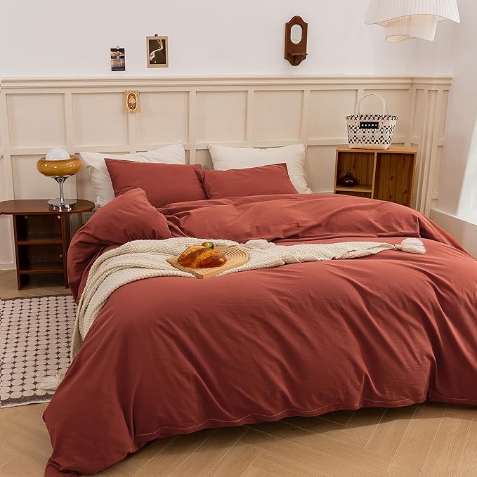 ECOCOTT Duvet Cover King Size - Linen Feel Organic Natural 100% Washed Cotton, Soft Breathable 3 Pieces Bedding Set with Zipper Closure, Burnt Brick Red