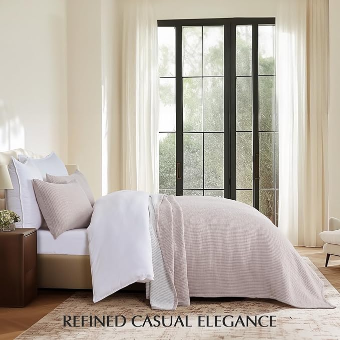 EVERGRACEHOME Cotton Gauze Full Queen Bedspread, Ultra Soft Prewashed Pick Stitch Matelassé Coverlet, Lightweight Textured Oversized Queen Quilt Bedding Set for All Season, with 2 Shams, Rosette Beige