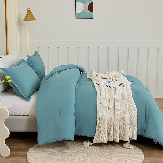 Litanika Oversized King Comforters Grayish Teal Super King Plus Size, 3 Pieces Lightweight Solid Bedding Comforter Set, All Season Fluffy Bed Set (128x120In Comforter & 2 Pillowcases)