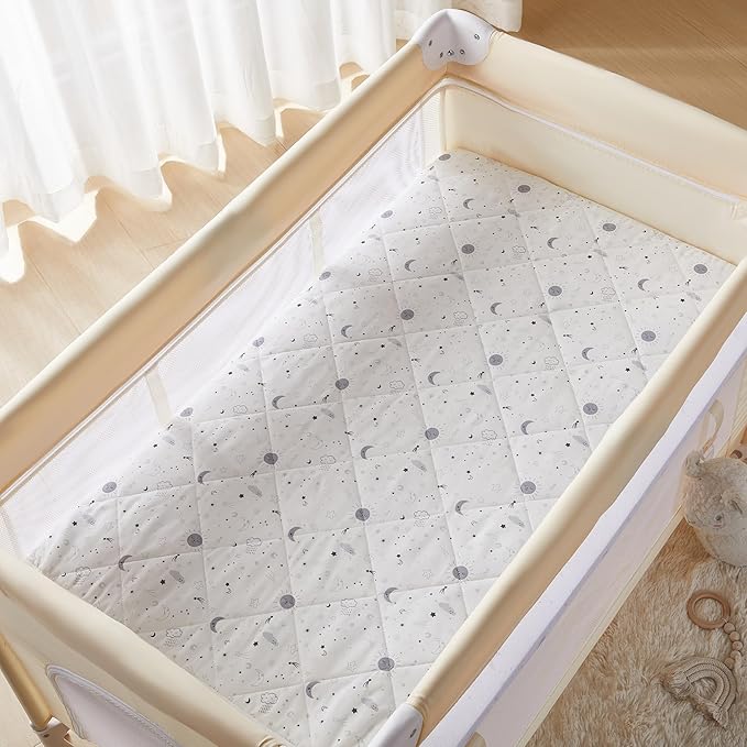 TILLYOU Pack and Play Sheets for Toddler Mattress, Mini Crib Sheets Fitted Up to 3" Deep, Breathable and Soft fit 39"x27", The Little Sun