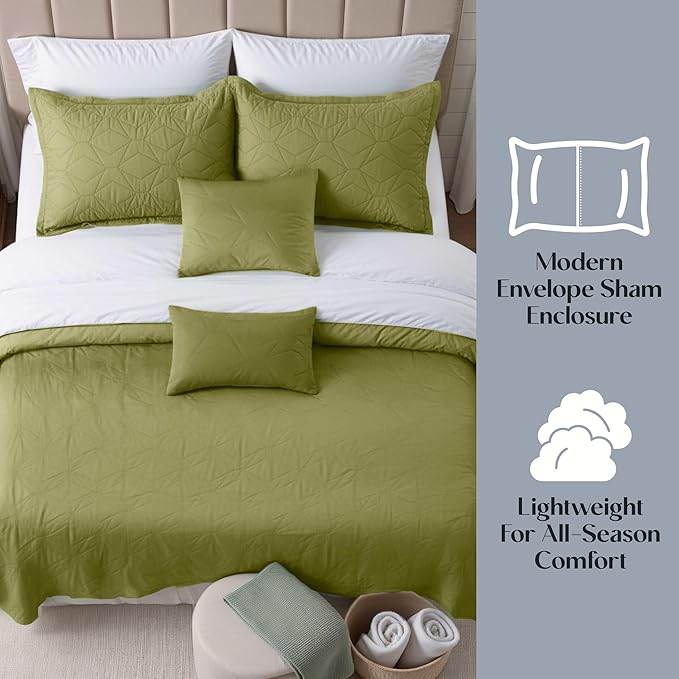 Hearth & Harbor King Quilt Set – All-Season Lightweight Bedspread & Coverlet with Pinsonic Weave - 7 Piece King Quilt Set with Pillow Shams, Olive Green - King Ellipse