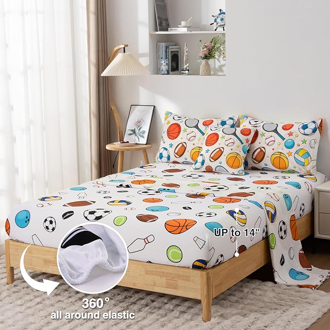 A Nice Night 6Pcs Full Comforter Set for Boys, Sports Theme Bedding with Curling, Baseball & Basketball Design, Soft Athletic Kids Bedroom Decorr(Yellow)