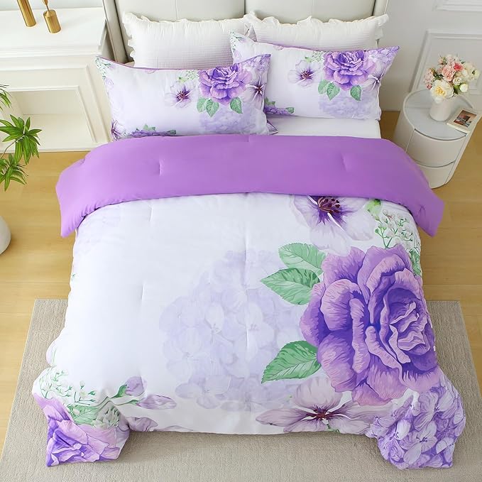 Floral Comforter Set Queen Size, 3 Pieces Elegant Purple Floral Bed in a Bag, Soft Microfiber Botanical Flower Bedding Set with 2 Pillowcases for All Season 90"×90"