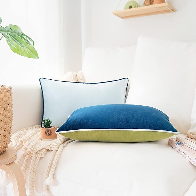 MONDAY MOOSE Decorative Throw Pillow Covers Cushion Cases, Set of 2 Soft Velvet Modern Double-Sided Designs, Mix and Match for Home Decor, Pillow Inserts Not Included (12x20 inch, Green/Blue)