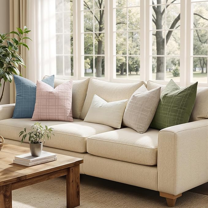 MIULEE Decorative Linen Check Throw Pillow Covers Neutral Farmhouse Vintage Spring Valentine Spring Pillow Covers 20x20 Set of 2 Boho Modern Home Decor for Sofa Couch Bedroom Cushion Light Pink