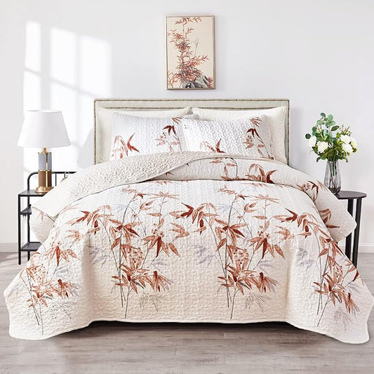 Botanical Quilt Set 3 Piece Full/Queen, Burnt Orange Leaves on White Design Reversible Bedspread Coverlet Set, Soft Microfiber Lightweight Bed Cover for All Season (90" x 90", 1 Quilt+ 2 Pillow Shams)