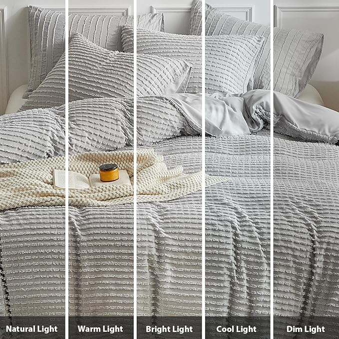 WARMDERN Boho Duvet Cover Set Queen Size,Grey Striped Duvet Cover Microfiber Bedding Set,3PCS Ultra Soft Breathable Lightweight Tuft Texture Pattern Duvet Covers with Zipper Closure(Grey,Queen)