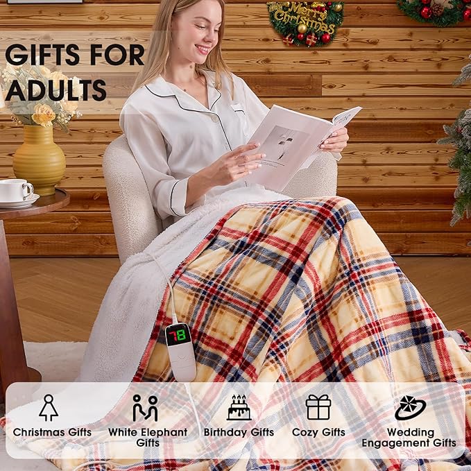 Brown Heated Blanket Electric Throw, 50X60 Heating Throw with 10 Heating Levels & 8 Hours Auto Off, Plaid Sherpa Blanket Warmer for Adults, Farmhouse Home Decor for Couch Bed Office Gifts for Mom