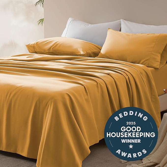 SLEEP ZONE Nanotex Super Soft Cooling Twin Bed Sheets Set for Kids 3 Piece - Easy Care Fitted Flat Sheet & Pillowcase Sets - Wrinkle Free, Fade Resistant, Deep Pocket 16" (Dull Yellow, Twin)