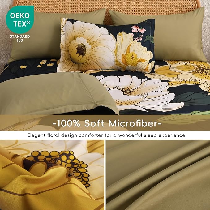 Xruibed Dark Green Floral Comforter Set Queen Size 7 Pieces Bed in a Bag Flower Bedding Sets Lightweight Boho Bed Set with Sheet,Pillowcases&Shams for All Season