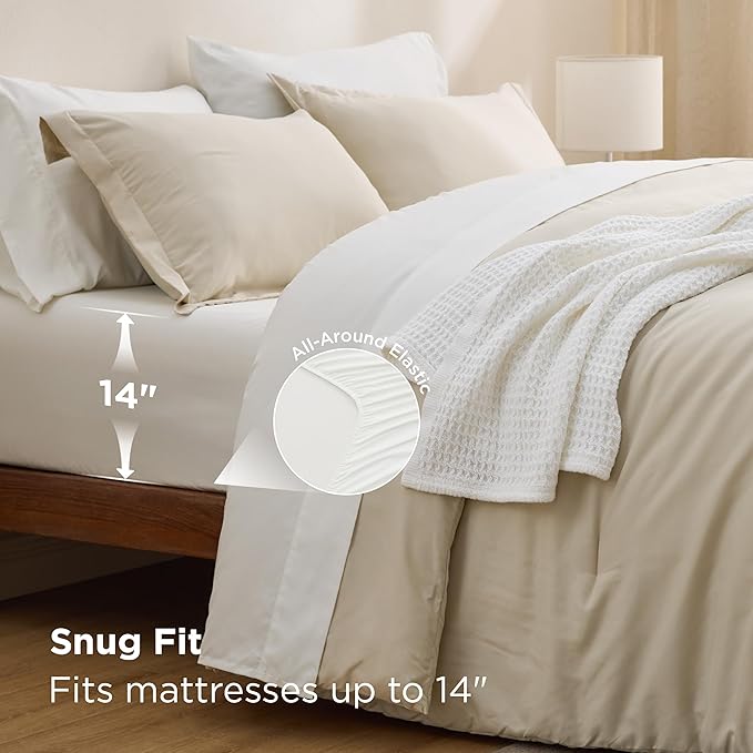Bedsure King Size Comforter Set - 7 Pieces Beige King Bedding Set for All Seasons, Boho Contrasting Design Bed in a Bag with Comforter, Sheets, Pillowcases & Shams