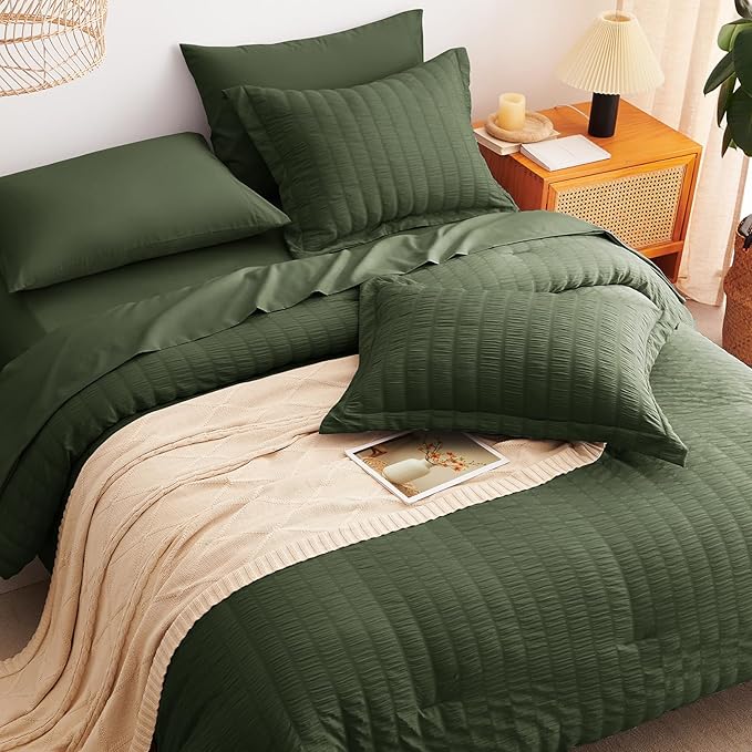 CozyLux Full Size Comforter Sets with Sheets Seersucker 7 Pieces Olive Green Bed in a Bag Textured Luxury Soft Bedding Set with Down Alternative Comforter, Sheets, Pillowcases & Shams for All Seasons