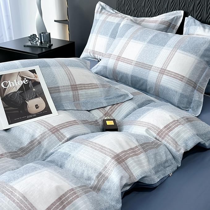 LifeTB Blue White Plaid Duvet Cover Queen Modern Soft Cotton Brushed Comforter Cover Farmhouse Buffalo Grid Duvet Cover with 2 Pillowcases