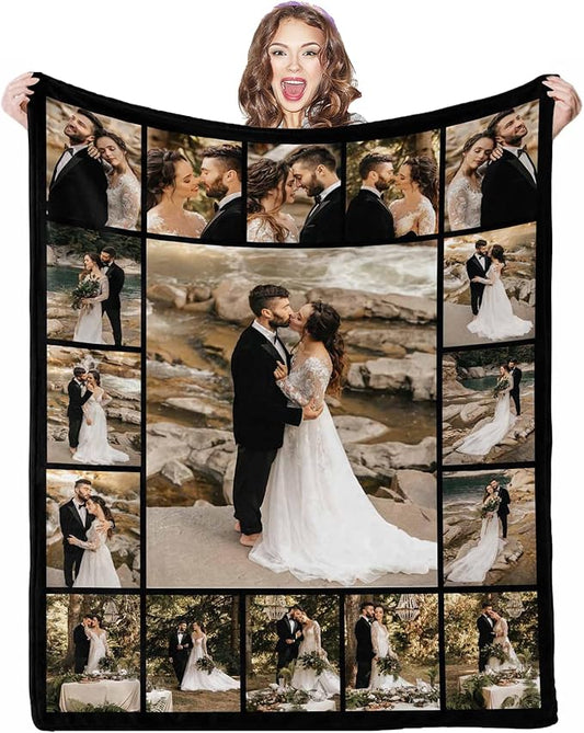 Custom Photo Blanket, 17 Photos Custom Throw Blanket Personalized Blankets and Throws for Couples Family Friend Customized Christmas Birthday Gifts, 8 Sizes