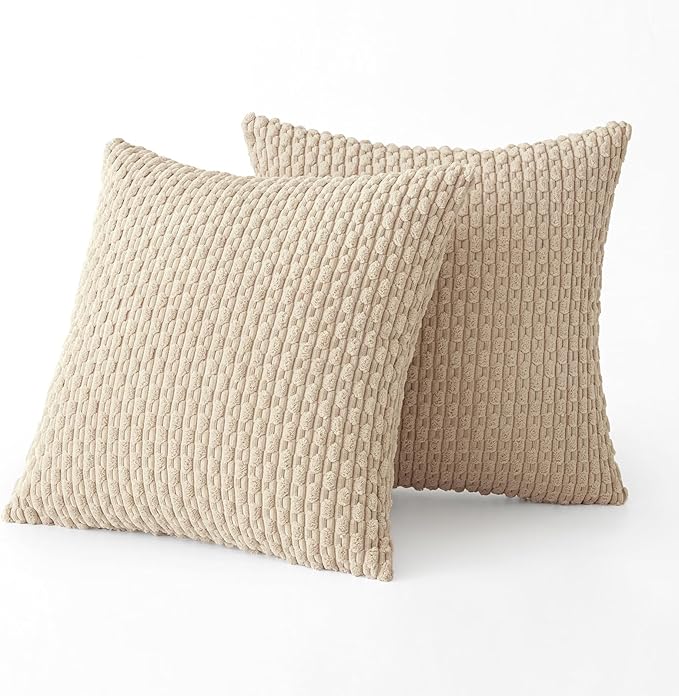 MIULEE Pack of 2 Decorative Throw Pillow Covers 20x20 Inch Soft Boho Striped Textured Corduroy Pillow Covers Modern Farmhouse Home Decor for Couch Bed Sofa Living Room Beige