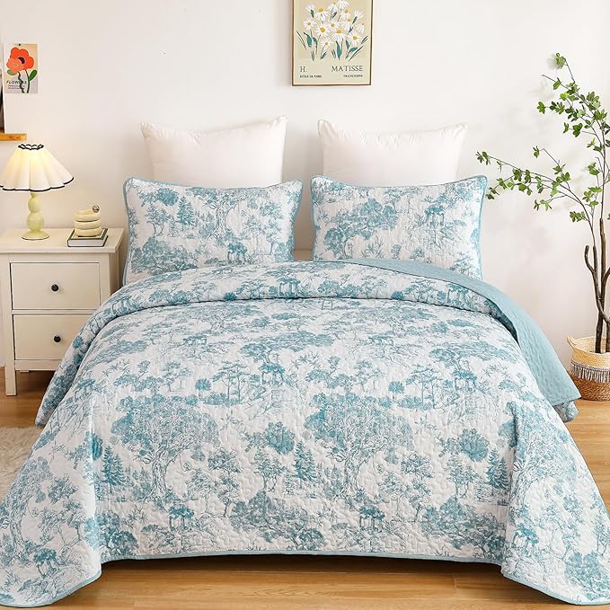 WONGS BEDDING Botanical Quilt Set King Size, Blue 3 Pieces Toile Floral Plants Printed Bedspread Bedding Set Soft Lightweight Microfiber Coverlet Set for All Season (104"x90")