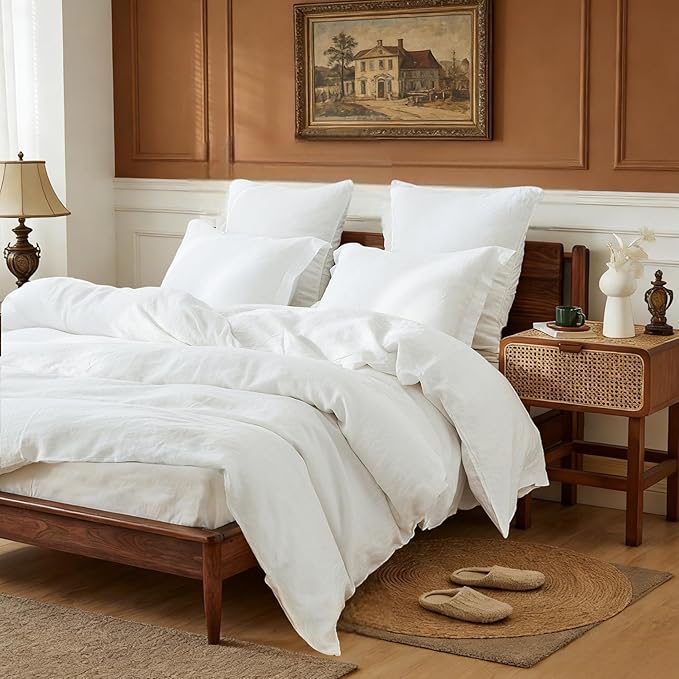 Simple&Opulence 100% Linen Duvet Cover Set, 3 PCS Natural French Flax White Duvet Cover King Size, Breathable Soft Comfy Linen Bedding Comforter Cover with 2 Pillowcases(White, 104"x92")