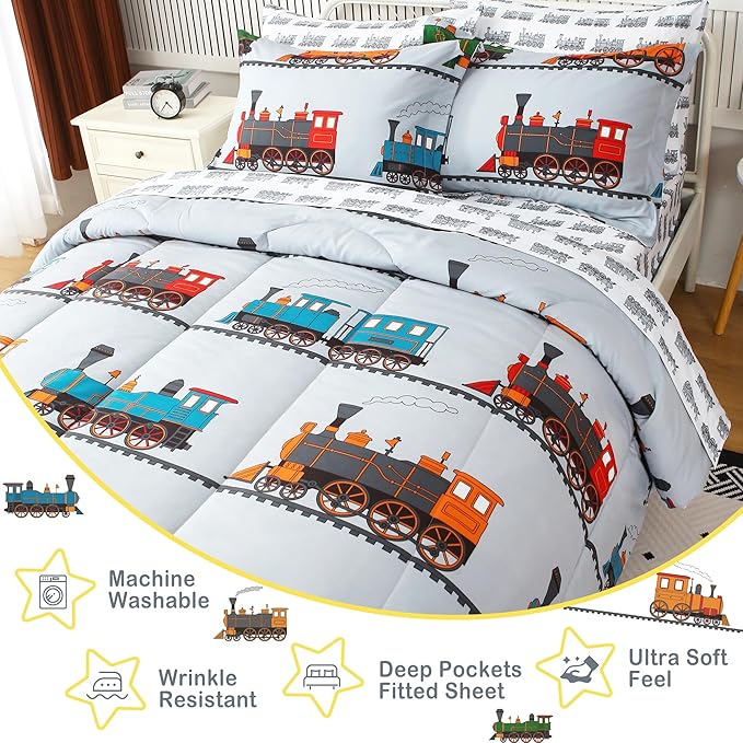 Viviland Kids Twin Bedding Sets for Boys, Soft Twin Comforter Set with Sheets, 5 Pieces Microfiber Bed in a Bag, Light Grey Train
