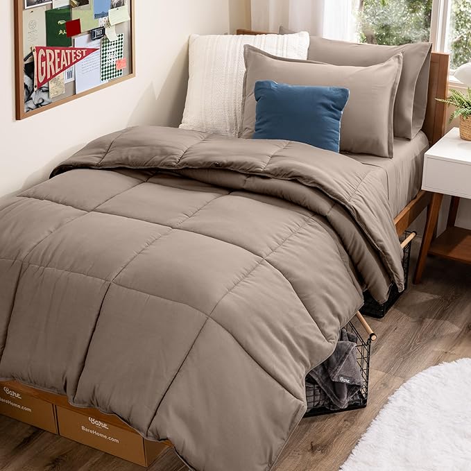 Bare Home Bed-in-A-Bag 5 Piece Comforter & Sheet Set - Twin XL - Goose Down Alternative - Ultra-Soft 1800 Premium Bed Set (Twin XL, Taupe/Taupe)