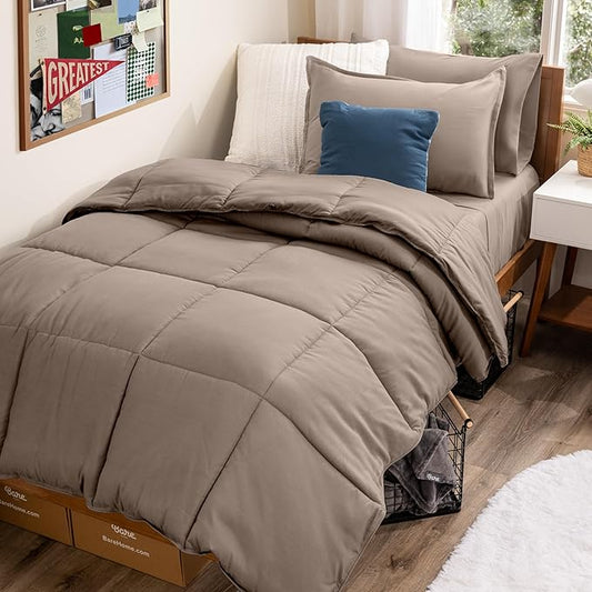 Bare Home Bed-in-A-Bag 5 Piece Comforter & Sheet Set - Twin - Goose Down Alternative - Ultra-Soft 1800 Premium Bed Set (Twin, Taupe/Taupe)